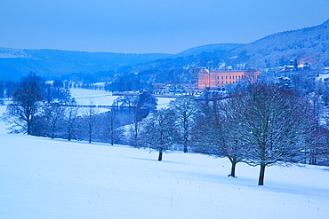 Chatsworth House and snow, Derbyshire Dales, Derbyshire, England, United Kingdom, Europe