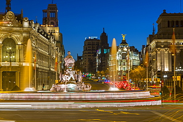 View of Cibeles Fountain in Plaza Cibeles at dusk, Madrid, Spain, Europe