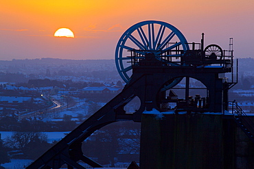 Former colliery headstocks at dawn, Pleasley, Derbyshire, England, United Kingdom, Europe