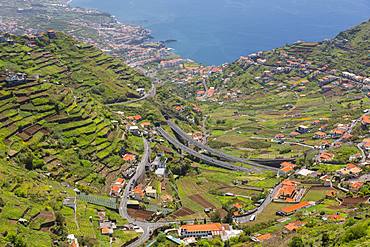 View of countryside and Atlantic Ocean near Cabo Girao, Camara de Lobos, Madeira, Portugal, Atlantic, Europe