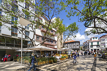 View of Al Fresco restaurants and cafes in town centre, Funchal, Madeira, Portugal, Atlantic, Europe