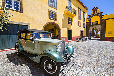 View of vintage car in Fortress courtyard, Funchal, Madeira, Portugal, Europe