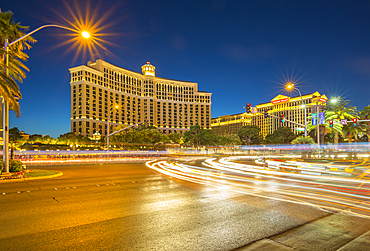 View of Bellagio Hotel and Casino on The Strip, Las Vegas Boulevard at dusk, Las Vegas, Nevada, United States of America, North America