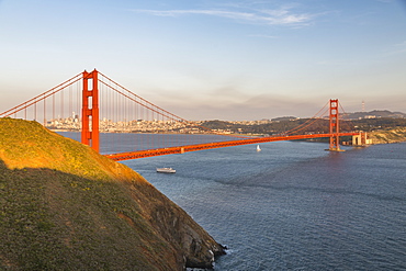 View of Golden Gate Bridge from Golden Gate Bridge Vista Point at sunset, South Bay, San Francisco, California, United States of America, North America