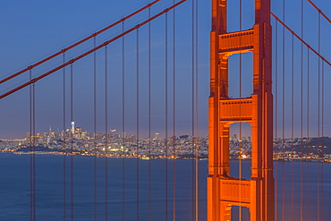 View of Golden Gate Bridge from Golden Gate Bridge Vista Point at dusk, San Francisco, California, United States of America, North America