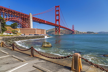 View of Golden Gate Bridge and Fort Point from Marine Drive, San Francisco, California, United States of America, North America