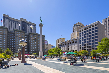 View of buildings and visitors in Union Square, San Francisco, California, United States of America, North America