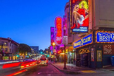 Club signs on buildings in North Beach district, San Francisco, California, United States of America, North America