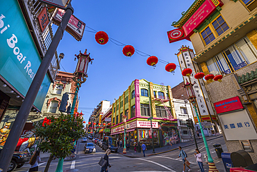 View of traditionally decorated street in Chinatown, San Francisco, California, United States of America, North America