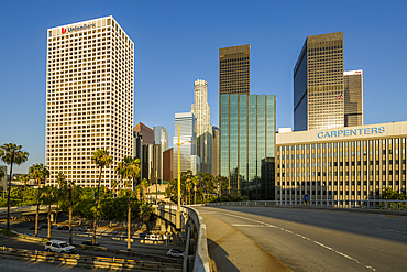View of Downtown skyline during golden hour, Los Angeles, California, United States of America, North America