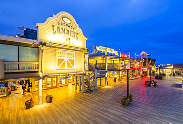 View of Redondo seafront pier at dusk, Los Angeles, California, United States of America, North America