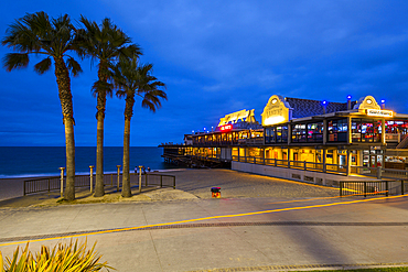 View of Redondo seafront pier at dusk, Los Angeles, California, United States of America, North America