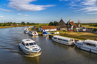 Boats on River Bure at Acle Bridge, Norfolk Broads, Norfolk, England, United Kingdom, Europe