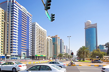 City skyline and Rashid Bin Saeed Al Maktoum Street, Abu Dhabi, United Arab Emirates, Middle East