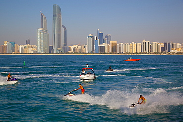 View of city from Marina and Jet ski Water sport, Abu Dhabi, United Arab Emirates, Middle East