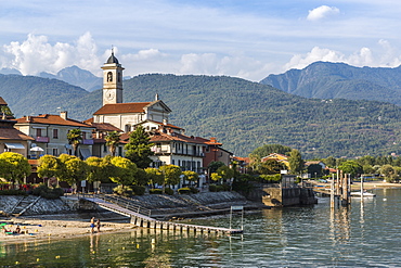 View of Feriolo town and church bell tower on Lake Maggiore, Lago Maggiore, Piedmont, Italian Lakes, Italy, Europe