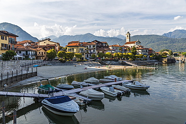 View of Feriolo and boats on Lake Maggiore, Lago Maggiore, Piedmont, Italian Lakes, Italy, Europe