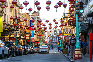 View of lanterns on street in Chinatown, San Francisco, California, United States of America, North America