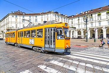 View of tram in Piazza Vittorio Veneto, Turin, Piedmont, Italy, Europe