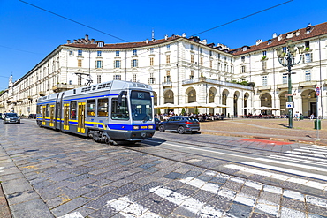 View of tram in Piazza Vittorio Veneto, Turin, Piedmont, Italy, Europe