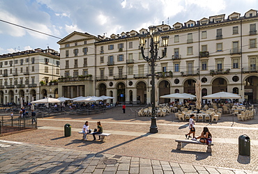 Cafes and people on Piazza Vittorio Veneto, Turin, Piedmont, Italy, Europe