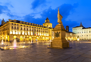 View of Piazza Castello surrounded by Palazzo Madama and Palazzo Reale at dusk, Turin, Piedmont, Italy, Europe