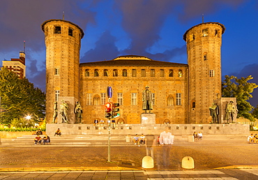 View of Castle in Piazza Castello at night, Turin, Piedmont, Italy, Europe