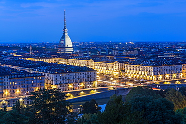 View of Turin and Mole Antonelliana from Santa Maria del Monte dei Cappuccini at dusk, Turin, Piedmont, Italy, Europe