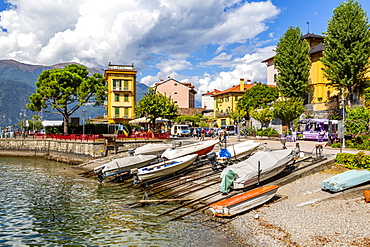 View of boats in harbour in Vezio, Province of Como, Lake Como, Lombardy, Italian Lakes, Italy, Europe