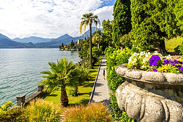 View of lake from Botanical Gardens in the village of Vezio, Province of Como, Lake Como, Lombardy, Italian Lakes, Italy, Europe