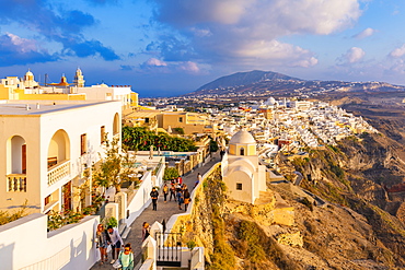 View of Fira and Greek Church of Saint Stylianos, Firostefani, Santorini (Thira), Cyclades Islands, Greek Islands, Greece, Europe