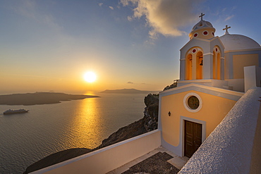 View of Fira and Greek Church of Saint Stylianos, Firostefani, Santorini (Thira), Cyclades Islands, Greek Islands, Greece, Europe