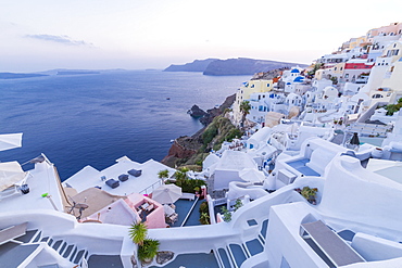 View of Oia village at dusk, Santorini, Cyclades, Aegean Islands, Greek Islands, Greece, Europe