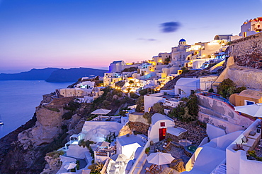 View of Oia village at dusk, Santorini, Cyclades, Aegean Islands, Greek Islands, Greece, Europe