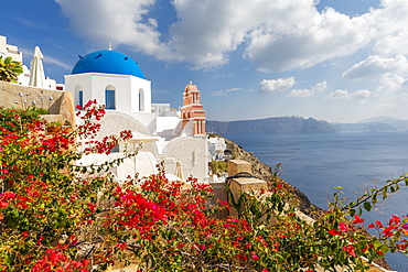 View of blue domed church and sea in Oia village, Santorini, Cyclades, Aegean Islands, Greek Islands, Greece, Europe