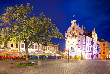 City Hall at dusk, Market Square, Old Town, Rzeszow, Poland, Europe