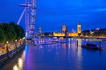 River Thames, Houses of Parliament and London Eye at dusk, London, England, United Kingdom, Europe