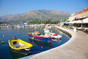 Restaurants along the harbour, Cavtat, Dubrovnik Riviera, Dalmatian Coast, Dalmatia, Croatia, Europe