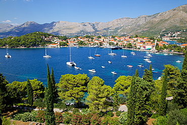 View of Old Town and Adriatic coast, Cavtat, Dubrovnik Riviera, Dalmatian Coast, Dalmatia, Croatia, Europe