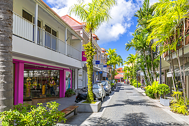 View of shops and buildings in town, Gustavia, St. Barthelemy (St. Barts) (St. Barth), West Indies, Caribbean, Central America