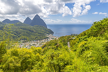 View of Soufriere with the Pitons, UNESCO World Heritage Site, beyond, St. Lucia, Windward Islands, West Indies Caribbean, Central America