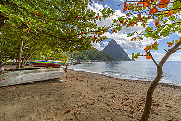 View of the Pitons from Soufriere Beach, UNESCO World Heritage Site, beyond, St. Lucia, Windward Islands, West Indies Caribbean, Central America