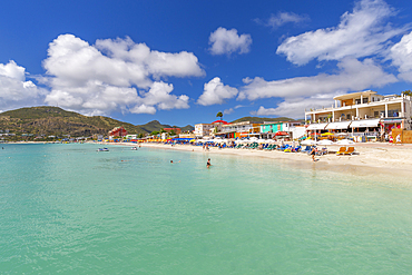 View of beach and turquoise sea at Philipsburg, St. Maarten, Leeward Islands, West Indies, Caribbean, Central America