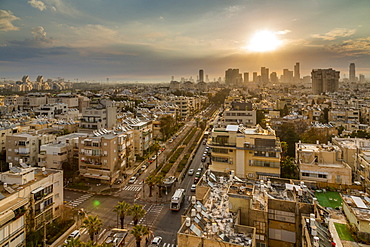 Sunrise over Tel Aviv's city skyscrapers, Tel Aviv, Israel, Middle East