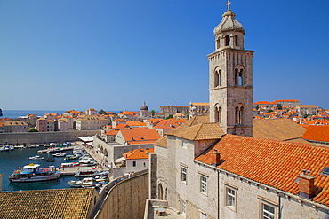 Dominican Monastery Bell Tower and Old Town rooftops, UNESCO World Heritage Site, Dubrovnik, Dalmatia, Croatia, Europe