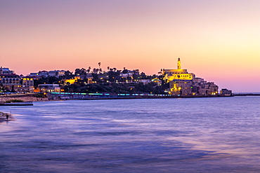 View of ancient Arabic seaport of Jaffa at dusk, Tel Aviv, Israel, Middle East