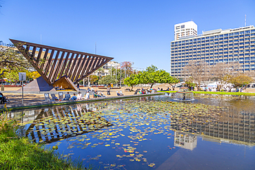 View of Rabin Square pond and Town Hall, Tel Aviv, Israel, Middle East