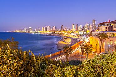 View of Tel Aviv from Jaffa Old Town at dusk, Tel Aviv, Israel, Middle East