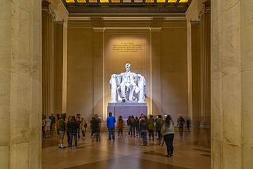 View of Lincoln statue in the Lincoln Memorial at night, Washington D.C., United States of America, North America