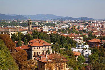 View of Lower Town from Upper Town, Bergamo, Lombardy, Italy, Europe